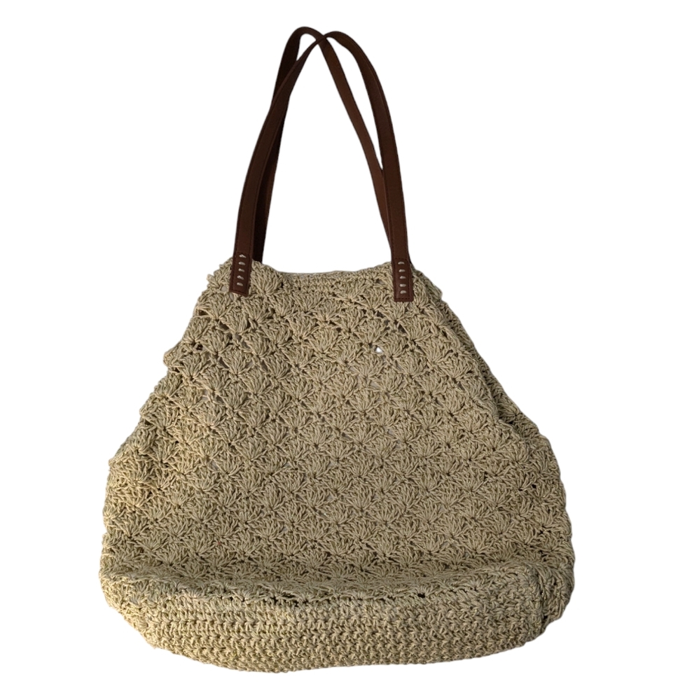 Nordstrom Raffia Beige Cream Scalloped Straw Hobo Bucket Bag Large